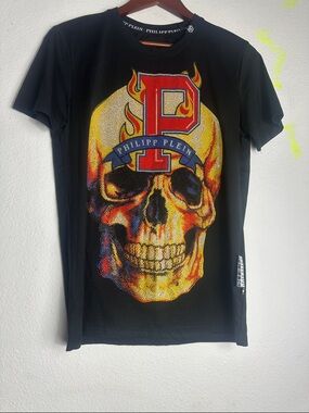 Philipp Plein Black Tee with Flaming Skull Graphic